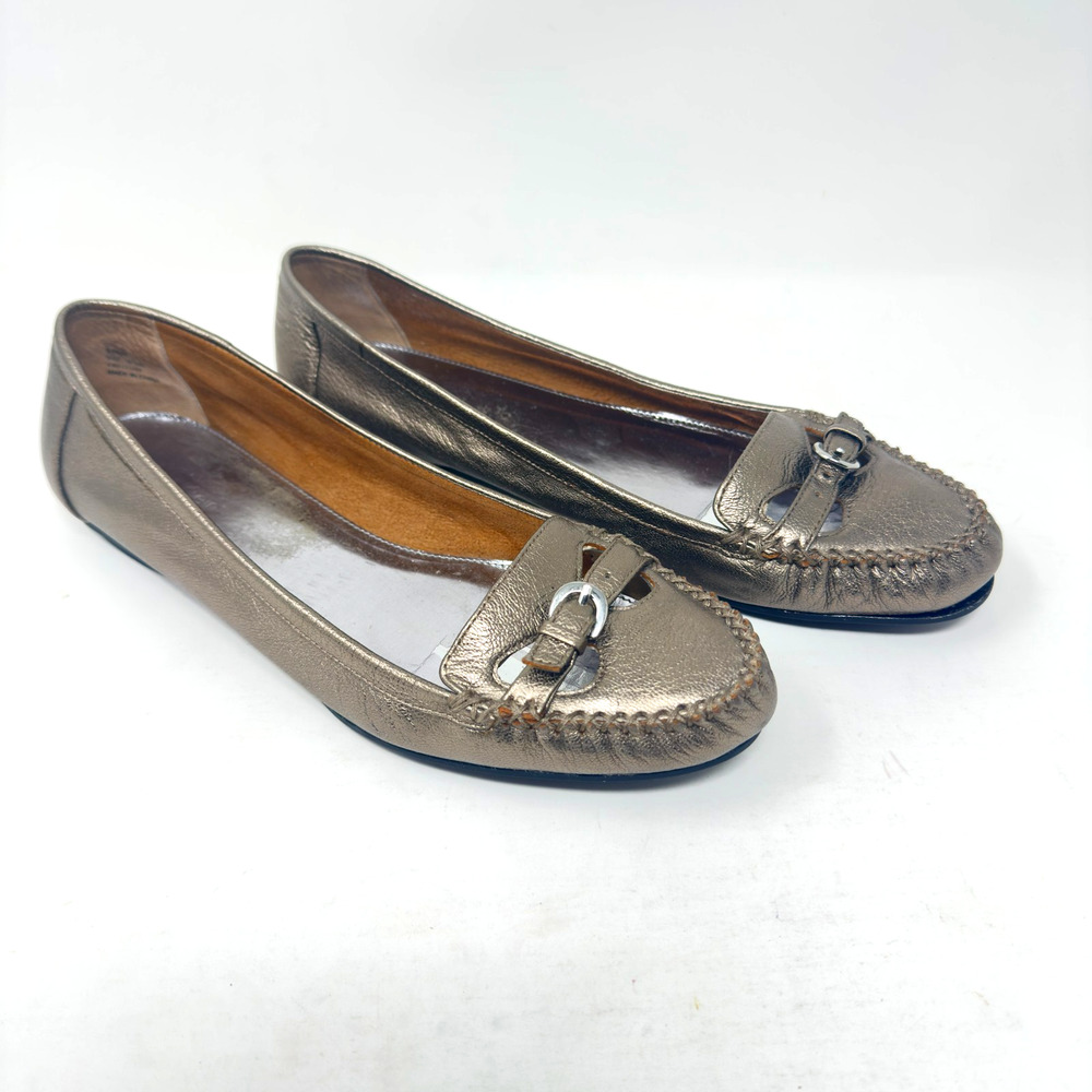 Calvin Klein Shoe Size 9.5 Metallic Pewter Leather Front Buckle Flat Loafer